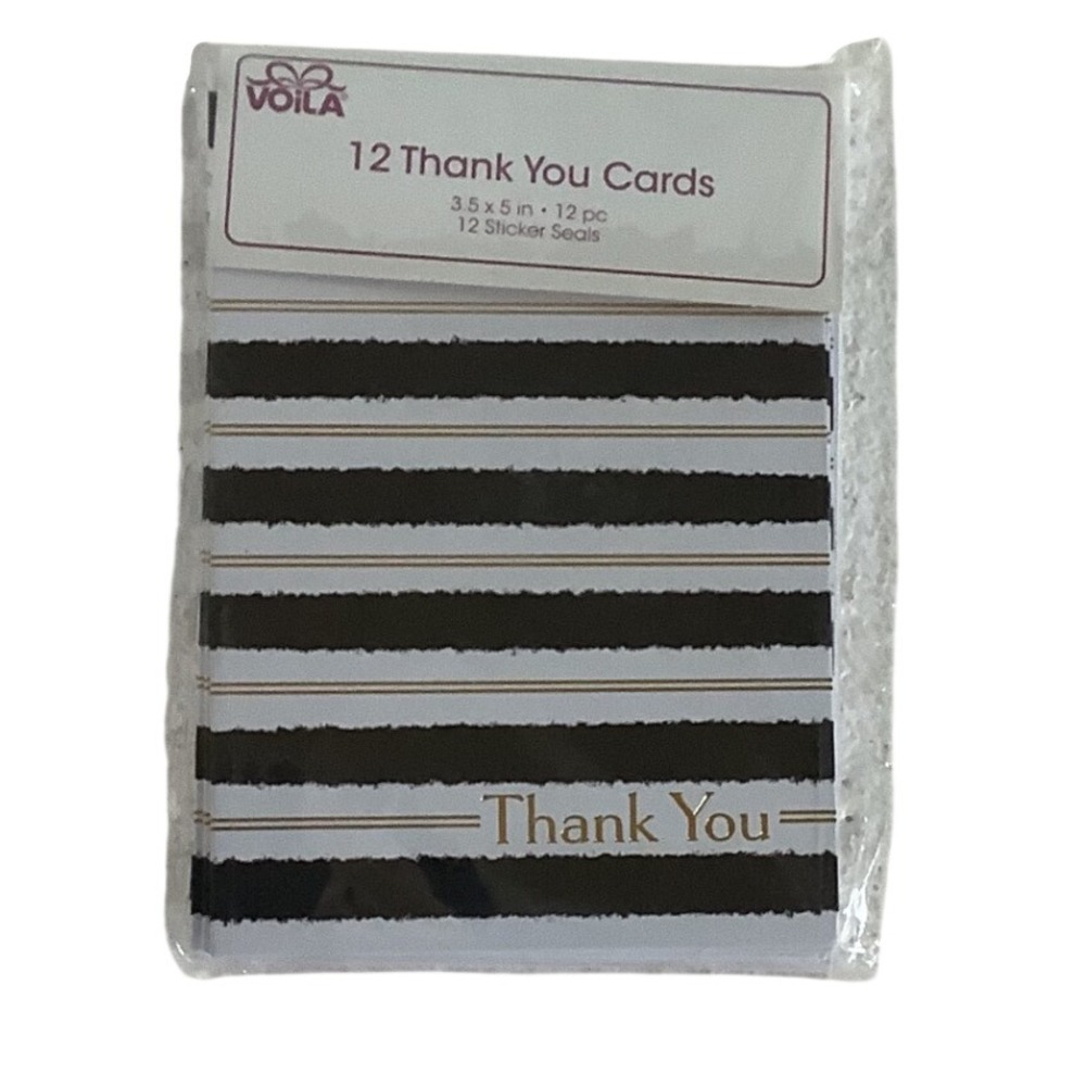 Voila 12 Count Thank You Cards Black White Gold Stripes with Sticker Seals 3.5x5